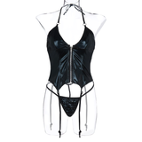 Sexy Leather Lingerie Zipper Women Underwear / Zipper Bodysuit With Garter Thong Set - EVE's SECRETS