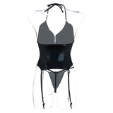 Sexy Leather Lingerie Zipper Women Underwear / Zipper Bodysuit With Garter Thong Set - EVE's SECRETS