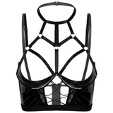 Sexy Patent Leather Bra Top / Female Halter Neck Brassiere with Hollow Out Bra Cups