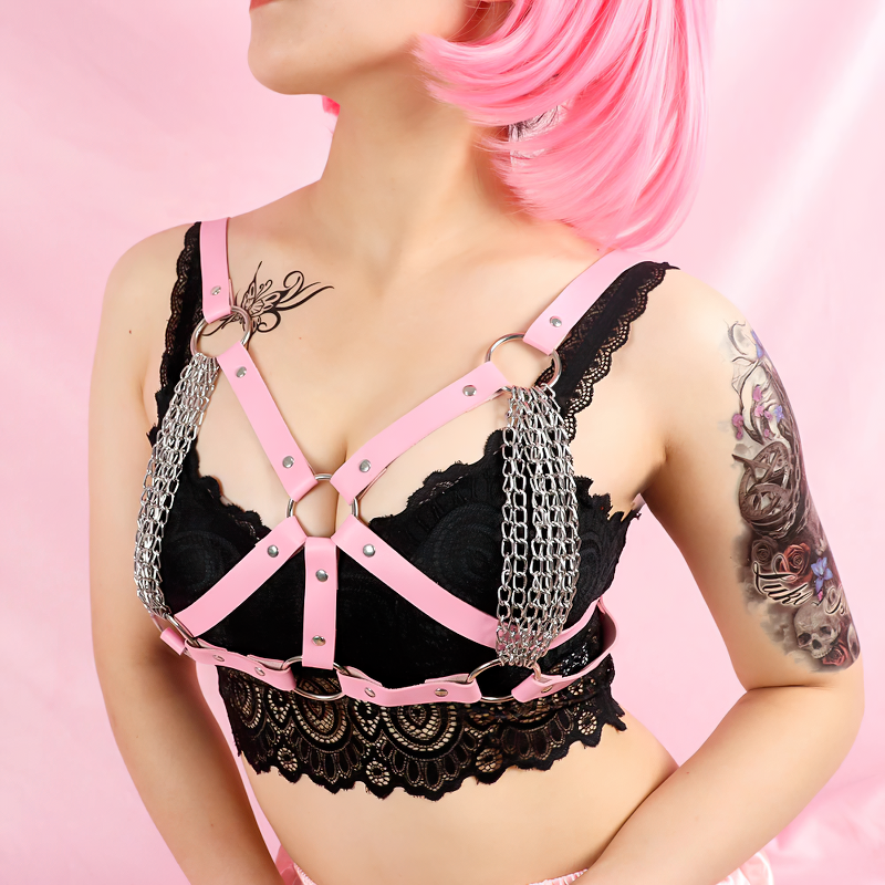 Sexy PU Leather Pink Bondage Bra Cage / Women's O-Ring Chest Harness Accessories - EVE's SECRETS