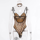 Sexy Satin Leopard Bodysuit with Choker / Women's Sleeveless Backless Clothing with Deep Neckline - EVE's SECRETS