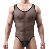 Sexy See Through PU Leather Bodysuit / Men's O-Neck Mesh Lingerie / Male Sleeveless Jumpsuit