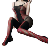 Sexy Ultra Thin Transparent Body Stockings With Open Crotch / Women's Pantyhose With Red Stripes - EVE's SECRETS