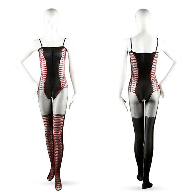 Sexy Ultra Thin Transparent Body Stockings With Open Crotch / Women's Pantyhose With Red Stripes - EVE's SECRETS