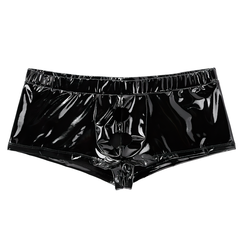 Sexy Wetlook Black PU Leather Male Panties / Open Crotch Penis Hole Erotic Gay Boxer Shorts - EVE's SECRETS