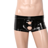 Sexy Wetlook Black PU Leather Male Panties / Open Crotch Penis Hole Erotic Boxer Shorts
