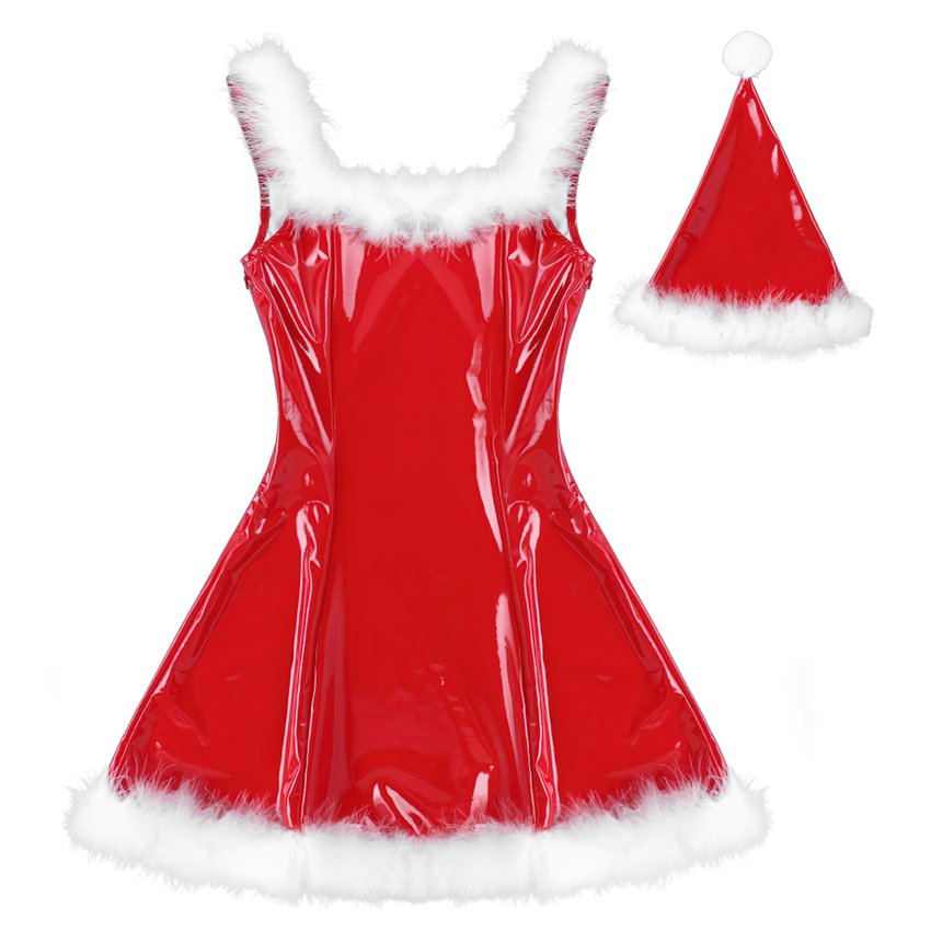 Sexy Women's 2 PC Christmas Costume / Erotic Backless Short Dress / Wet Look Sex Game Clothing - EVE's SECRETS