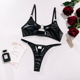 Sexy Women's Black Underwear Set / Erotic Leather Lingerie / Female Deep Neck Bra - EVE's SECRETS