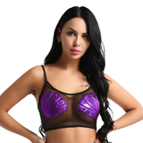 Women's Sexy Crop Top with Shiny Shells / Transparent Mesh Top for Ladies