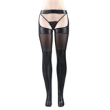 Sexy Women's Faux Leather Solid Color Stockings with G-string / Erotic Lace Pantyhose Crotchless - EVE's SECRETS