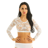 Sexy Women's Lace Crop Top With Floral Pattern / Erotic Women's Transparent Long-Sleeve Clothing - EVE's SECRETS