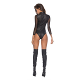 Sexy Women's PU Leather Bodysuit / Exotic Long Sleeve See-through Mesh Jumpsuit on Zipper - EVE's SECRETS