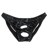 Glänzende schwarze Bikini-Unterwäsche für Herren im Wet-Look / Sexy Höschen mit offenem Hintern und Löchern 