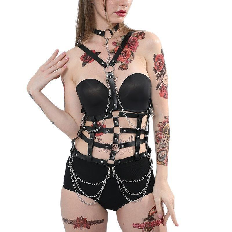 Women Adjustable Sexy Body Harness With Chains / BDSM Bondage PU Leather Chest Garter Suspenders - EVE's SECRETS