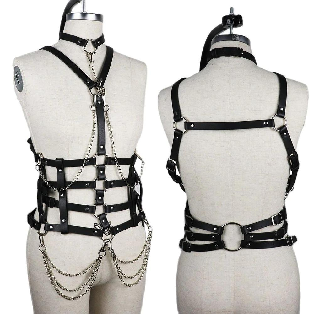 Women Adjustable Sexy Body Harness With Chains / BDSM Bondage PU Leather Chest Garter Suspenders - EVE's SECRETS
