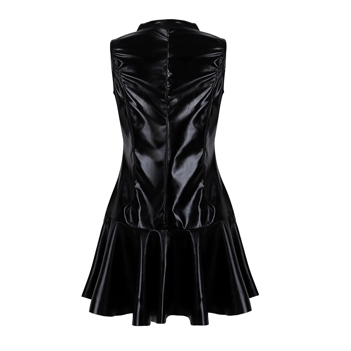 Women Cocktail Dress in Black / Wetlook Babydoll PU Leather High Collar Bottom Dress - EVE's SECRETS