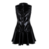 Women Cocktail Dress in Black / Wetlook Babydoll PU Leather High Collar Bottom Dress - EVE's SECRETS