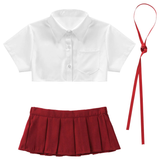 Women Naughty School Girl Cheerleader Cosplay Costume / Crop Top With Ribbon and Mini Pleated Skirt - EVE's SECRETS