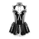 Women's Lace Trim Halter Dress with Choker / Sexy Maid Wet Look Costume / Erotic Cosplay Outfits - EVE's SECRETS