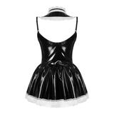 Women's Lace Trim Halter Dress with Choker / Sexy Maid Wet Look Costume / Erotic Cosplay Outfits - EVE's SECRETS