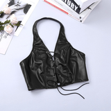 Women Vintage Faux Leather Clothing / Halter Tank Crop Top with Mini G-string - EVE's SECRETS