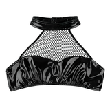 Women's Black Halter Fishnet Crop Top / PU Leather Wire-Free Unlined Bra Tops - EVE's SECRETS