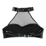 Women's Black Halter Fishnet Crop Top / PU Leather Wire-Free Unlined Bra Tops - EVE's SECRETS
