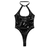Womens Black Skinny Leather Jumpsuit / Sexy Lingerie High Cut Teddy Bodysuit / Open Crotch Romper - EVE's SECRETS