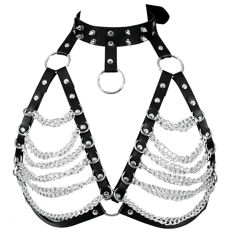 Women's Chest Chain In Fetish Style / PU Leather Body Harness With Metal Spikes - EVE's SECRETS