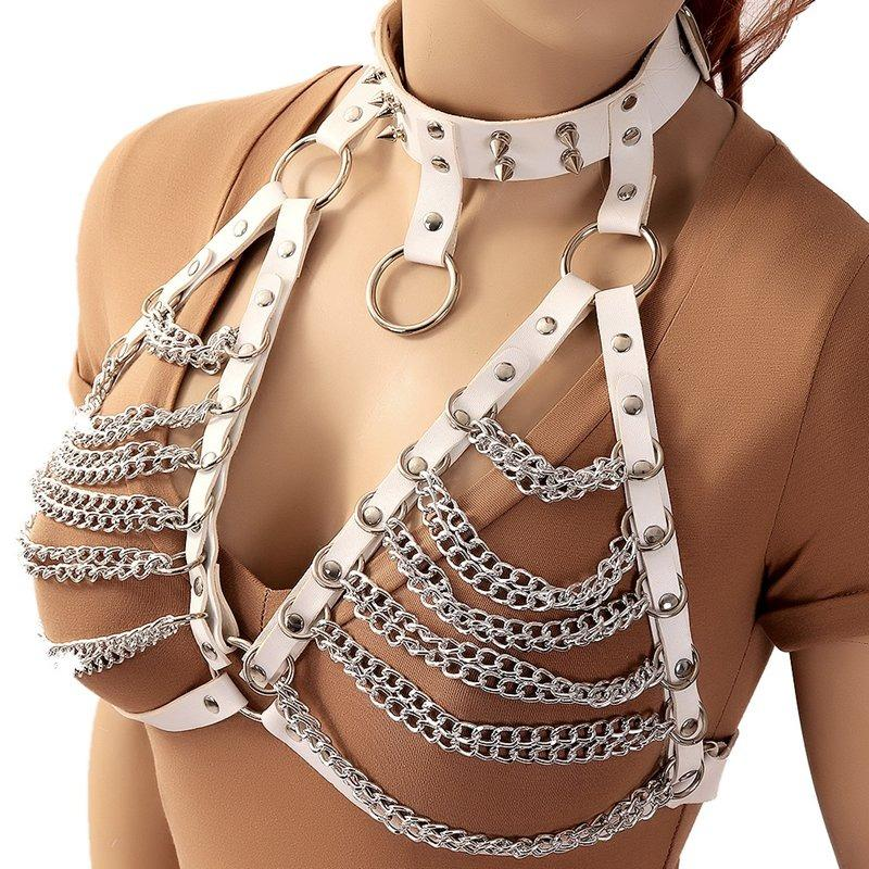 Women's Chest Chain In Fetish Style / PU Leather Body Harness With Metal Spikes - EVE's SECRETS