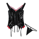 Women's Fashion Wet Look PU Leather Bodysuit / Lace Up Bustier Corset with G-String - EVE's SECRETS
