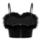 Women's Latex Crop Top / Sexy Patent Leather Black Top with Feathers - EVE's SECRETS