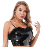 Women's Latex Crop Top / Sexy Patent Leather Black Top with Feathers - EVE's SECRETS