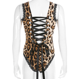 Women's Leopard Bodysuit with Lace-up Back and Deep U-neck / Sexy Outfits for Women - EVE's SECRETS
