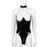 Women's Open Cup Wet Look Bodysuit / PU Leather Low Back Zippered Crotch Nightwear - EVE's SECRETS