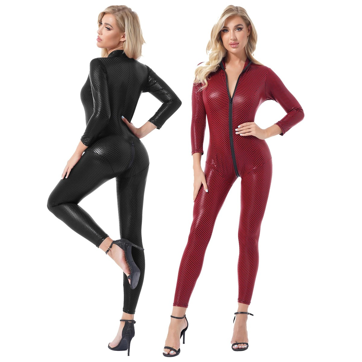 Women's Patent Leather Bodysuit with Long Sleeve / Sexy Skinny Jumpsuit on Zipper - EVE's SECRETS