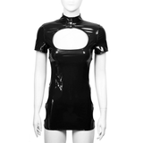 Women's Patent Leather Hollow Out Dress / Sexy Stand Collar Mini Dress with Zipper Back - EVE's SECRETS