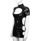Women's Patent Leather Hollow Out Dress / Sexy Stand Collar Mini Dress with Zipper Back - EVE's SECRETS