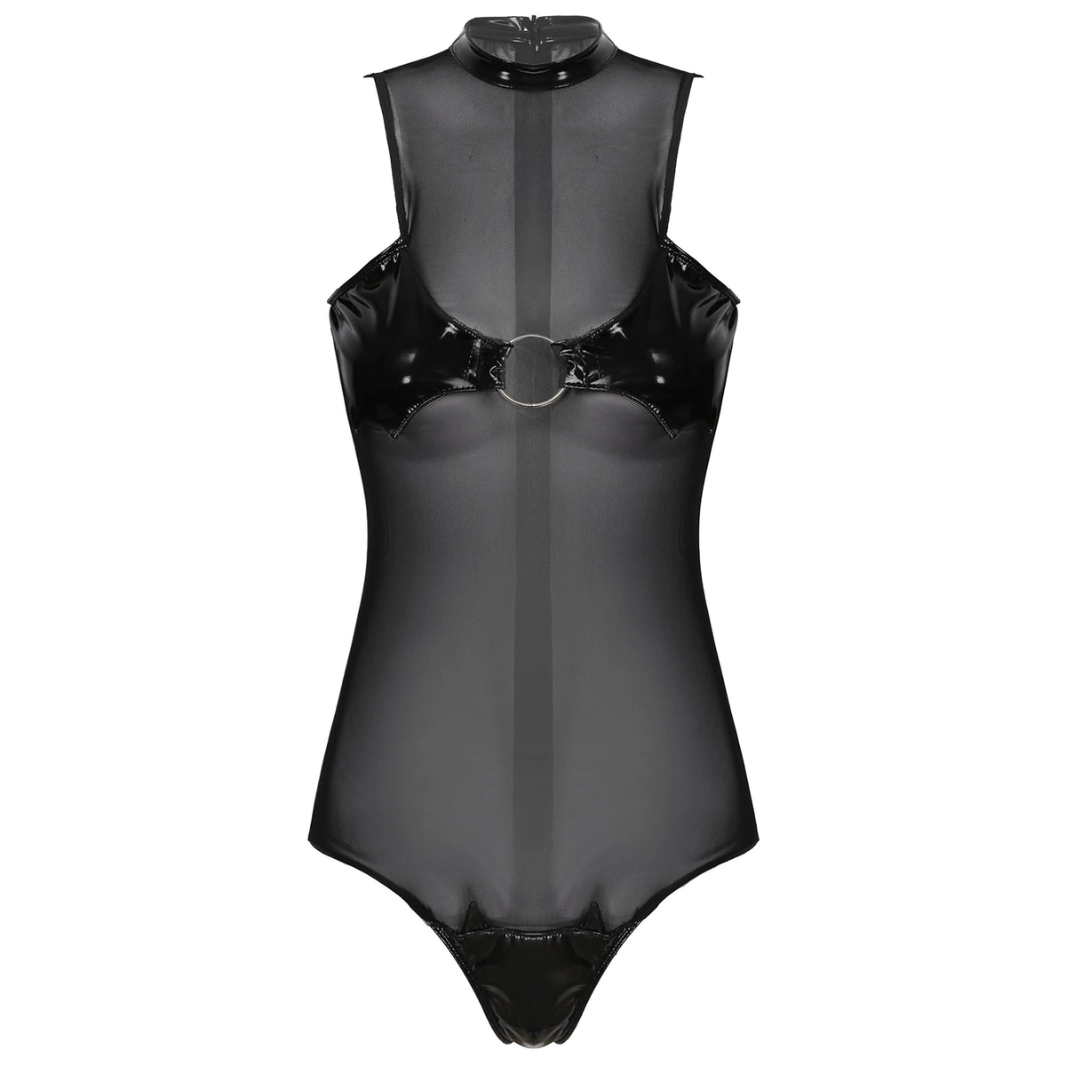 Women's Patent Leather Skinny Bodysuit / Sleeveless See-through Sexy Mesh Catsuit - EVE's SECRETS