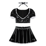 Women's PU Leather Cosplay Costume Outfit / Puff Sleeve Crop Top with High Waist Skirt & Choker - EVE's SECRETS