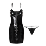 Women's PU Leather Sexy Spaghetti Strap Dress / Lace-Up Bodycon Party Mini Dress with Briefs