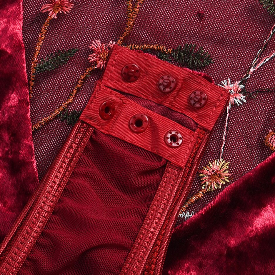 Women's Sexy Bodysuit with Floral Embroidery / Female Erotic Velvet Outfits in Burgundy Color - EVE's SECRETS
