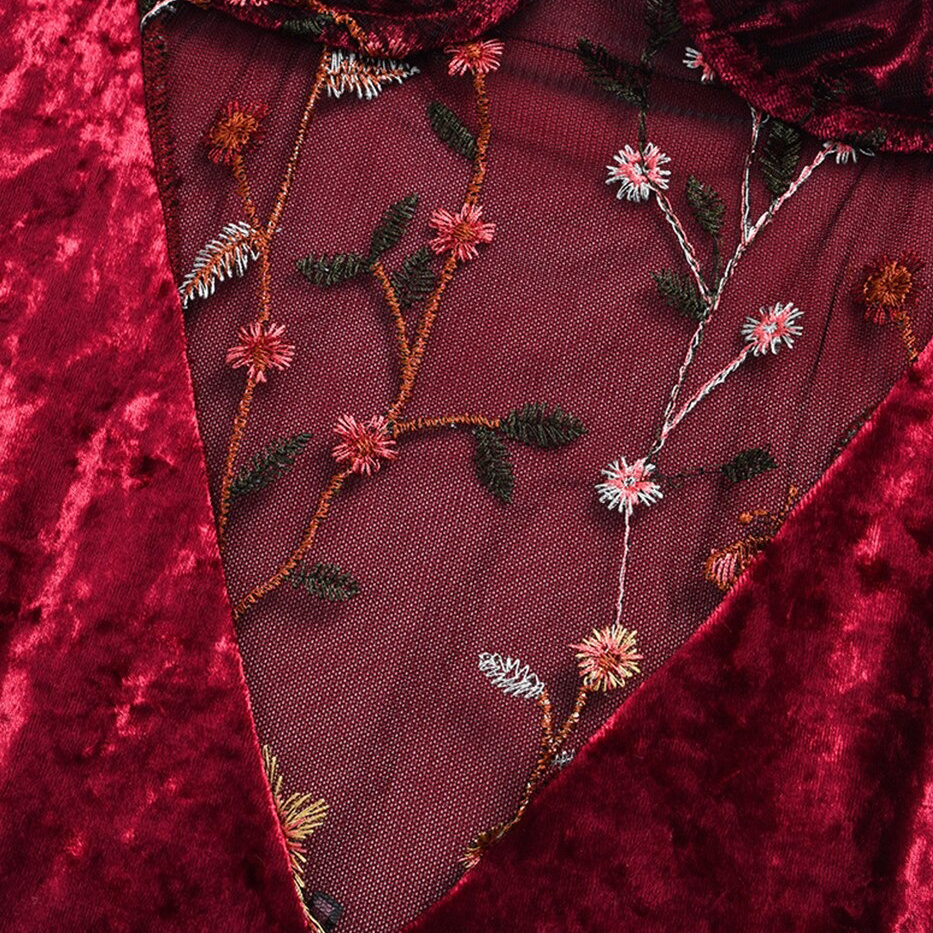 Women's Sexy Bodysuit with Floral Embroidery / Female Erotic Velvet Outfits in Burgundy Color - EVE's SECRETS
