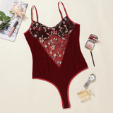 Women's Sexy Bodysuit with Floral Embroidery / Female Erotic Velvet Outfits in Burgundy Color - EVE's SECRETS