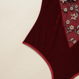 Women's Sexy Bodysuit with Floral Embroidery / Female Erotic Velvet Outfits in Burgundy Color - EVE's SECRETS