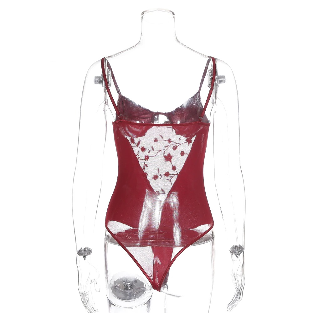 Women's Sexy Bodysuit with Floral Embroidery / Female Erotic Velvet Outfits in Burgundy Color - EVE's SECRETS
