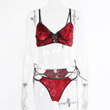 Women's Sexy Velvet 2pc Lingerie Set in Burgundy Color / Lace-Up Front Close Wireless Bra with Panty - EVE's SECRETS