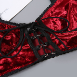 Women's Sexy Velvet 2pc Lingerie Set in Burgundy Color / Lace-Up Front Close Wireless Bra with Panty - EVE's SECRETS