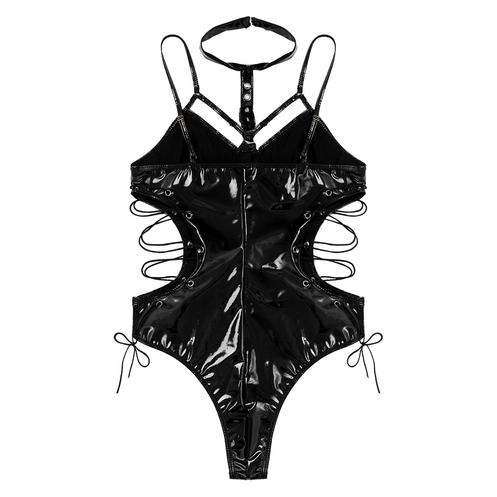 Women's Sexy Wet Look PU Leather Bodysuit / Hollow Out Lace-up Sides Costume Lingerie - EVE's SECRETS