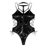 Women's Sexy Wet Look PU Leather Bodysuit / Hollow Out Lace-up Sides Costume Lingerie - EVE's SECRETS